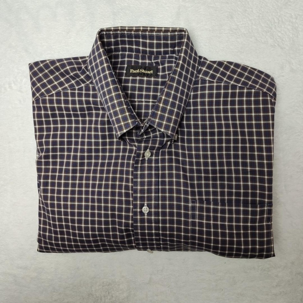Paul Stuart Shirt Mens XL Blue Brown Check Button Down Long Sleeve Made In USA